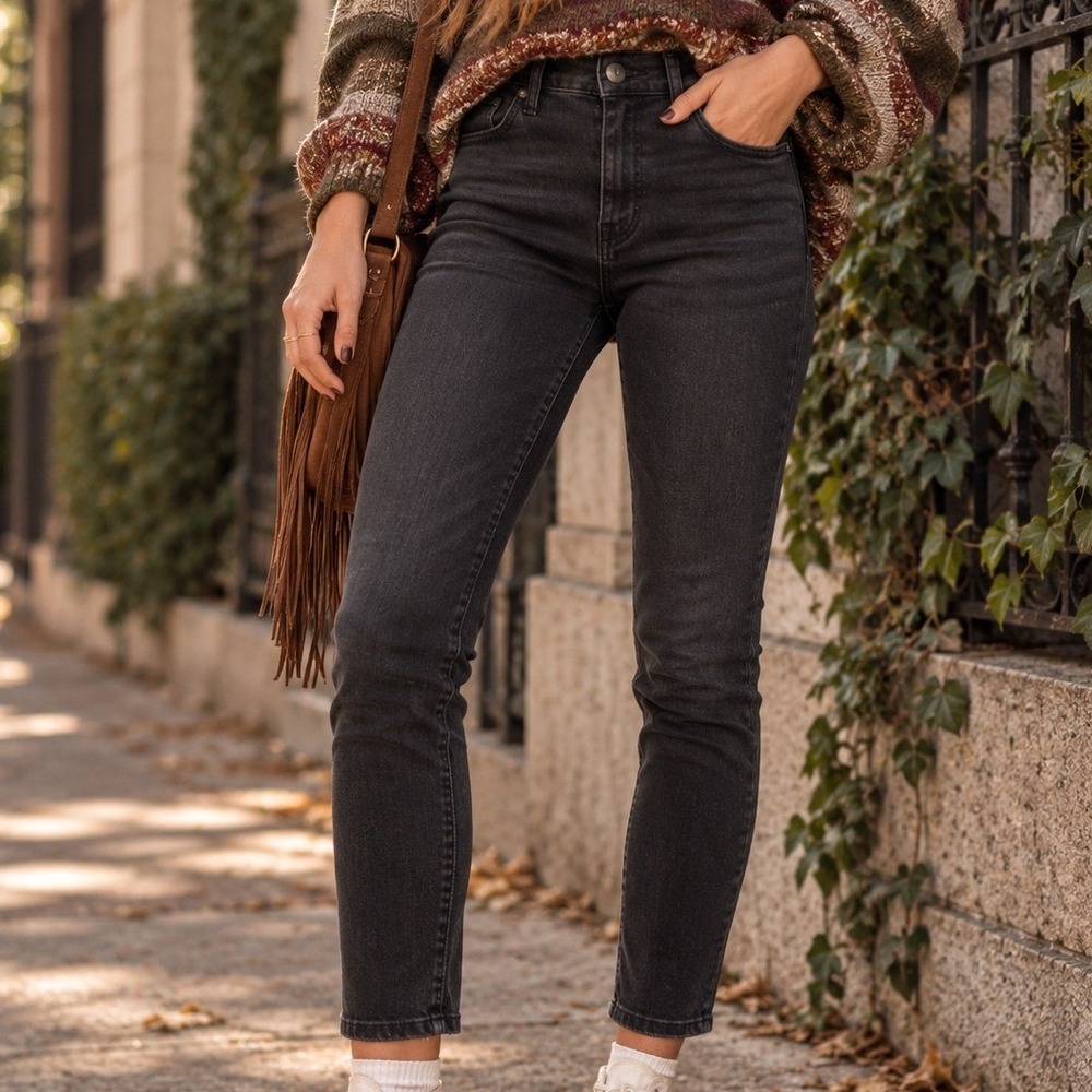 Madewell Skinny Skinny Jeans Black Denim Mid Rise Pants Size 26 Slimming Boho